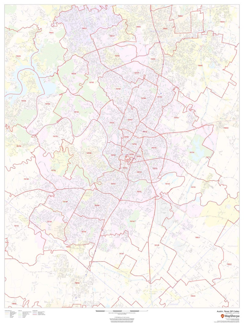 Austin, Texas Zip Codes - 36" x 48" Laminated Wall Map